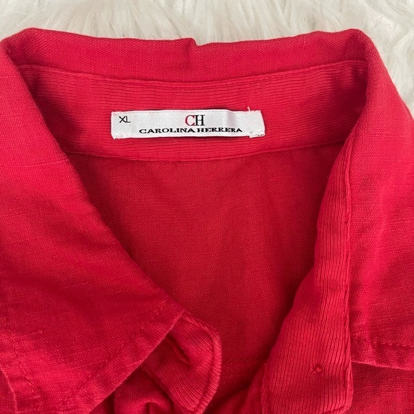 Carolina Herrera linen cotton blend giant monogram buttons polo top - Picture 5 of 8